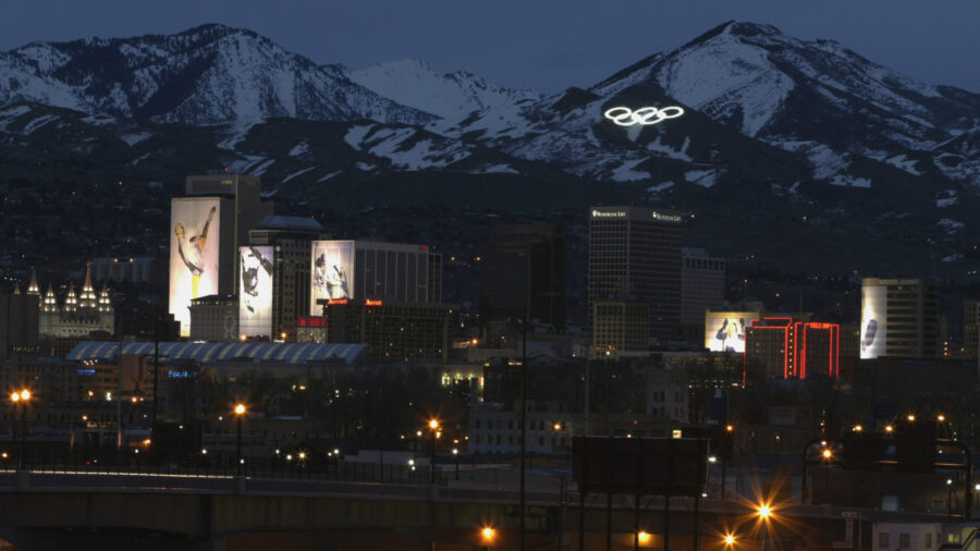 A view of downtown Salt Lake City at night during the Salt Lake Winter Olympics on February 23, 200...