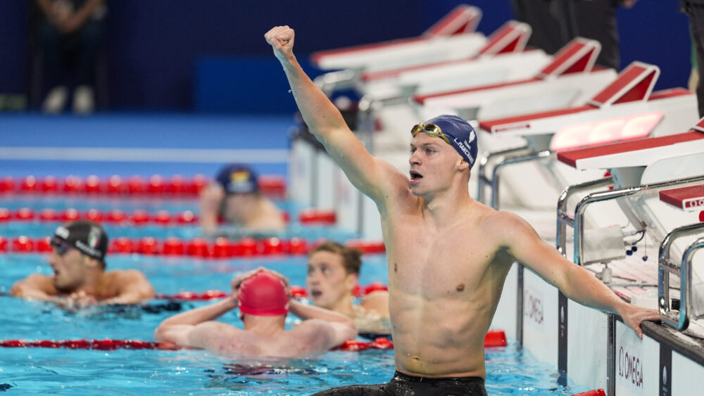 France's Leon Marchand in the 400-meter IM in the Paris Olympics...