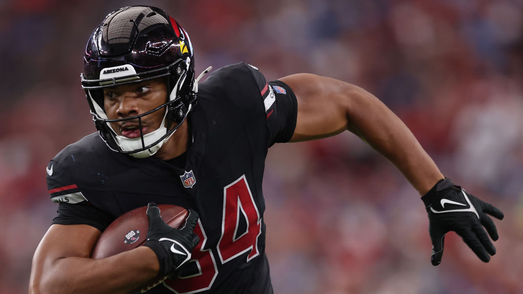 Tight end Elijah Higgins of the Arizona Cardinals runs with the football. Higgins could be in store...