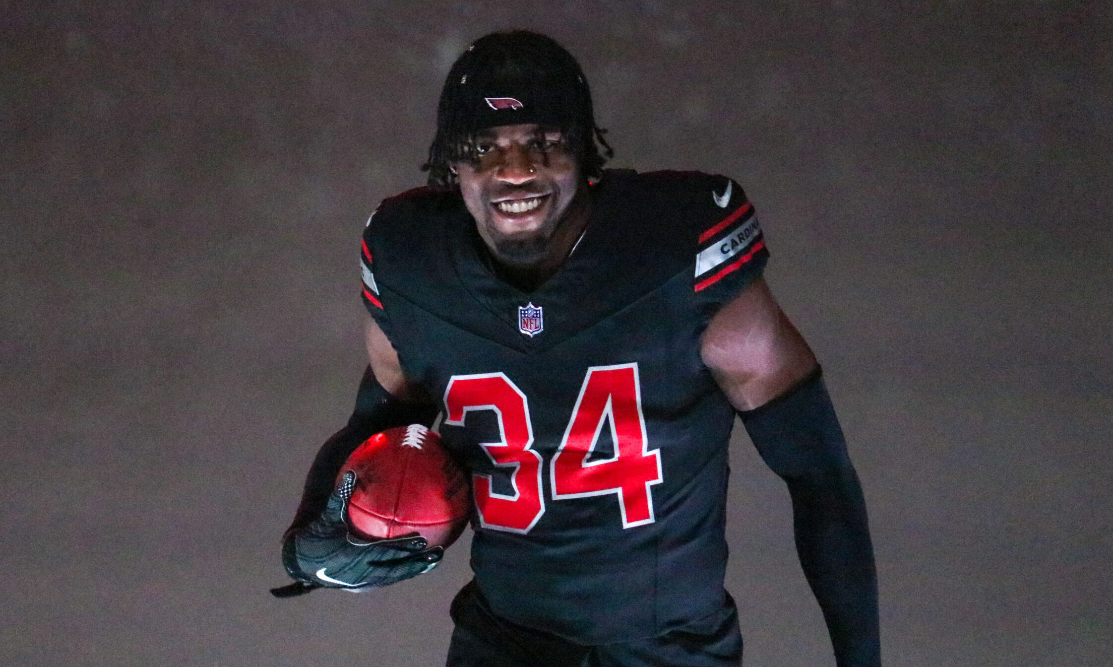 Cardinals S Jalen Thompson helps unveil Arizona’s new uniforms on Thursday, April 20, 2023, in Ph...