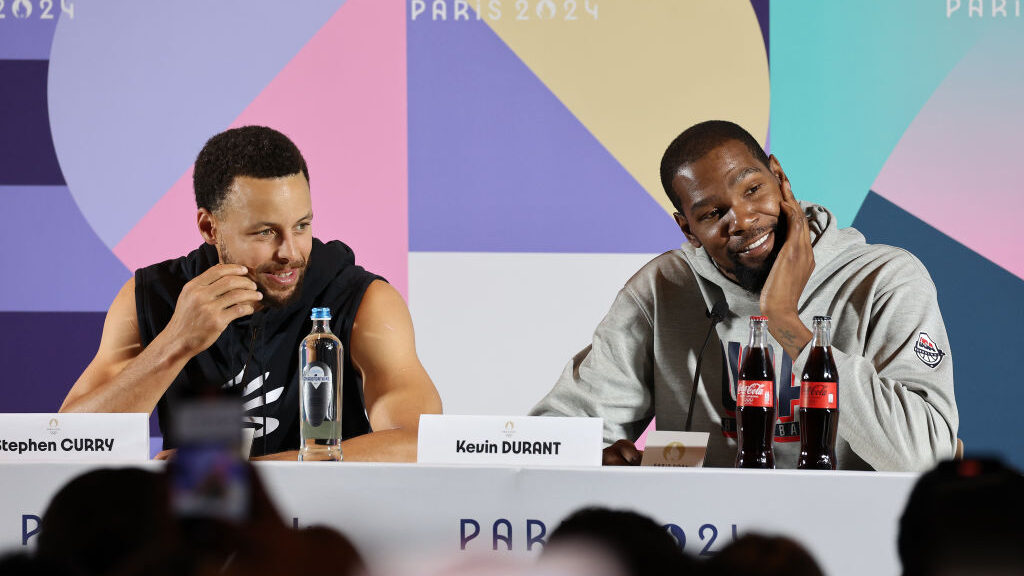 Stephen Curry and Kevin Durant of Team United States speak to the media during a Team United States...