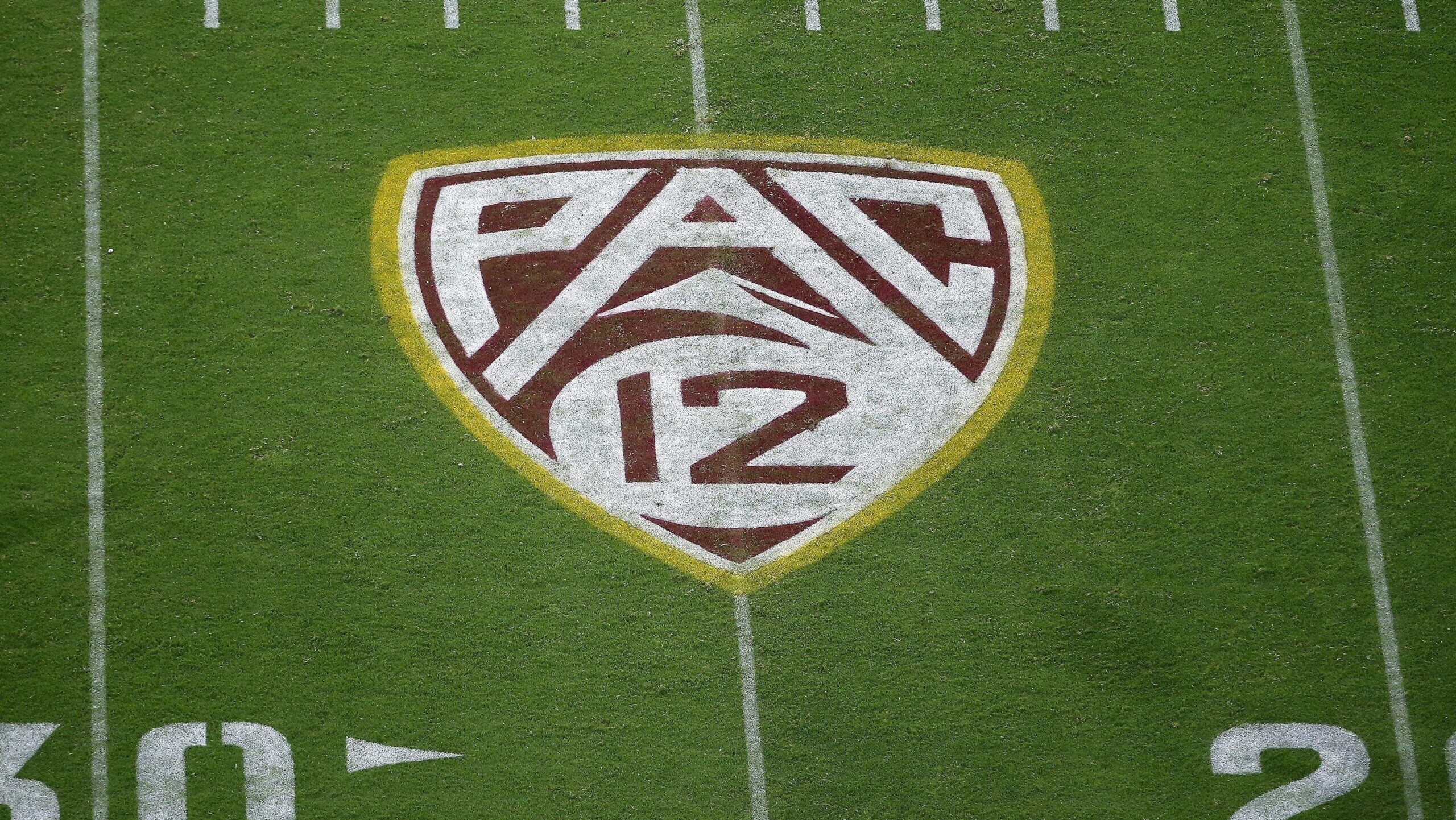 The Pac-12 logo at Sun Devil Stadium during the second half of an NCAA college football game betwee...