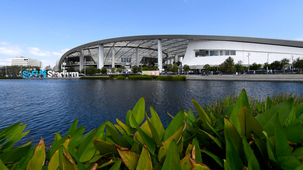 An exterior view of SoFi Stadium prior to a game between the Atlanta Falcons and Los Angeles Rams a...