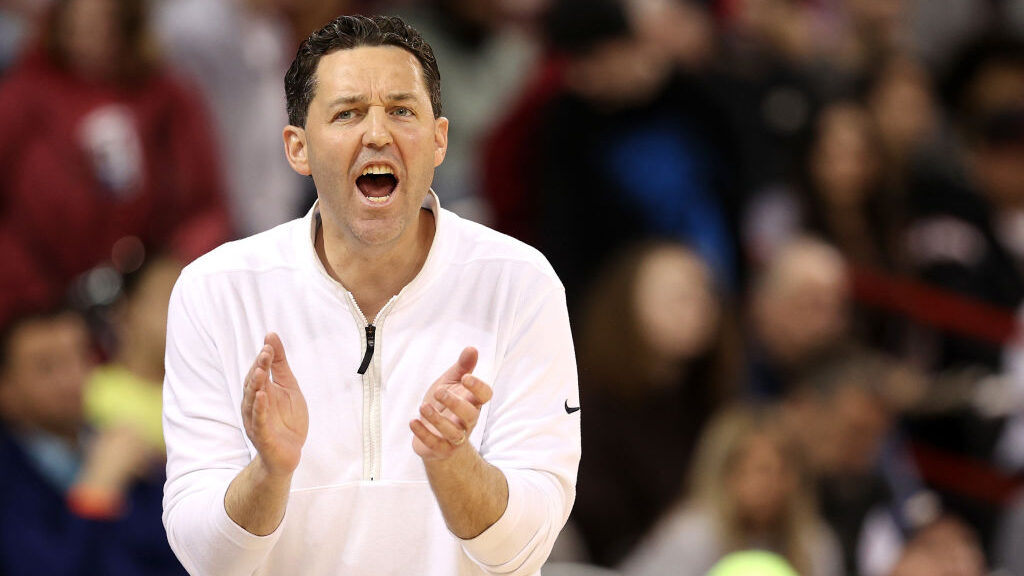 Head coach Bryce Drew of the Grand Canyon Antelopes reacts to a play in the second round of the NCA...