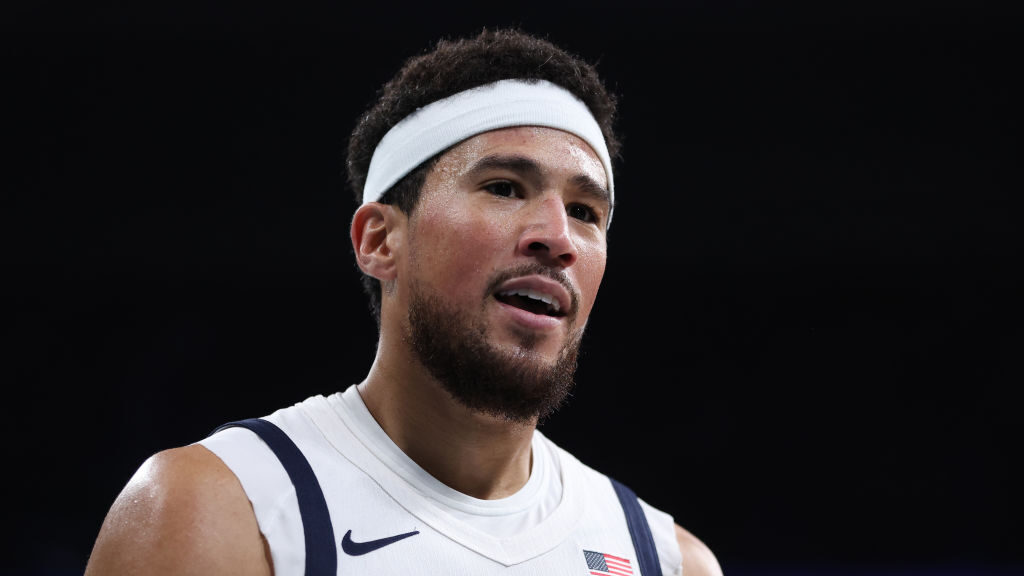 Devin Booker #15 of Team United States looks on during a Men's Group Phase - Group C game between t...