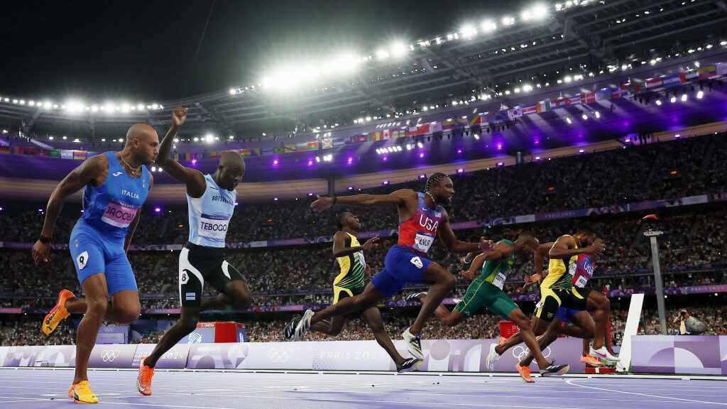 Noah Lyles of Team United States crosses the finish line during the Men's 100m Final on day nine of...