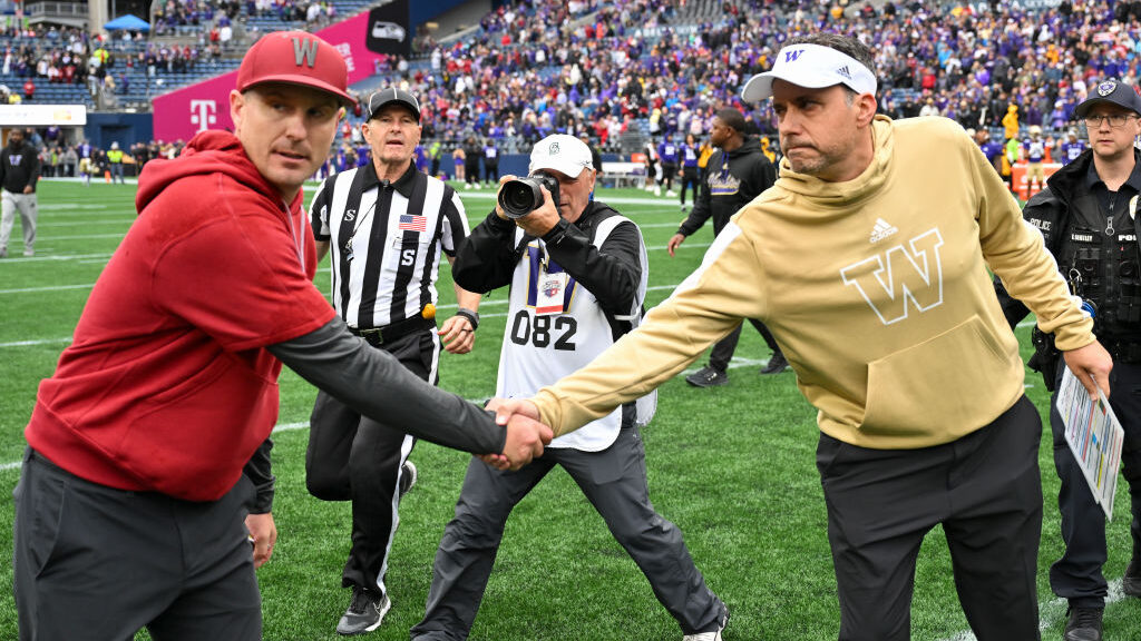 Head coach Jedd Fisch of the Washington Huskies  and Head coach Jake Dickert of the Washington Stat...