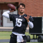 Arizona Cardinals QB Clayton Tune runs through drills during OTAs on Monday, May 20, 2024, in Tempe. (Tyler Drake/Arizona Sports)