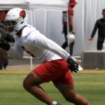 Arizona Cardinals pass rusher BJ Ojulari runs through drills during OTAs on Monday, May 20, 2024, in Tempe. (Tyler Drake/Arizona Sports)