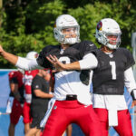 Arizona Cardinals QB Desmond Ridder attempts a pass during Day 1 of joint practice on Wednesday, Aug. 14, 2024, in Indianapolis. (Tyler Drake/Arizona Sports)