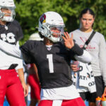 Arizona Cardinals QB Kyler Murray attempts a pass during Day 1 of joint practice on Wednesday, Aug. 14, 2024, in Indianapolis. (Tyler Drake/Arizona Sports)