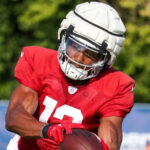 Arizona Cardinals WR Zay Jones makes a catch during Day 1 of joint practice on Wednesday, Aug. 14, 2024, in Indianapolis. (Tyler Drake/Arizona Sports)