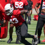 Arizona Cardinals OLB Jesse Luketa runs through drills during Week 1 practice on Thursday, Sept. 4, 2024, in Tempe. (Tyler Drake/Arizona Sports)