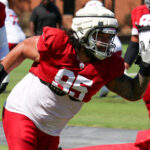 Arizona Cardinals DL Khyiris Tonga runs through drills during Week 1 practice on Thursday, Sept. 5, 2024, in Tempe. (Tyler Drake/Arizona Sports)