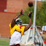 Arizona Cardinals CB Max Melton makes a catch during practice on Thursday, Sept. 12, 2024, in Tempe. (Tyler Drake/Arizona Sports)