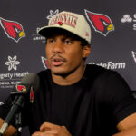 Arizona Cardinals WR Zay Jones speaks with reporters during the first day of OTAs on Monday, May 20, 2024, in Tempe. (Tyler Drake/Arizona Sports)