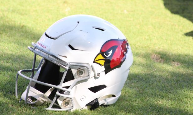 An Arizona Cardinals helmet on the ground at practice on Thursday, Sept. 26, 2019 in Tempe, Ariz. (...