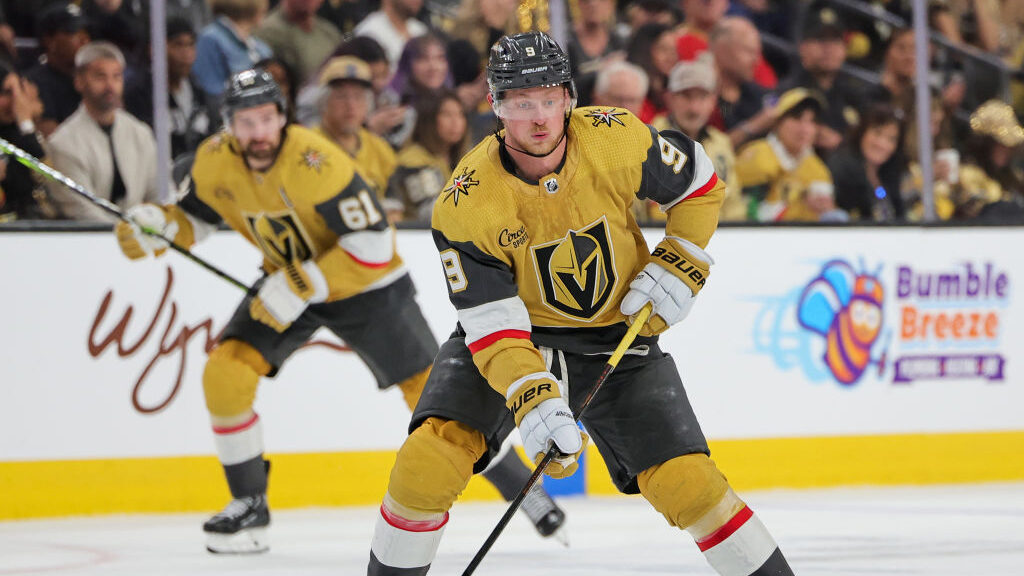 Jack Eichel #9 of the Vegas Golden Knights...