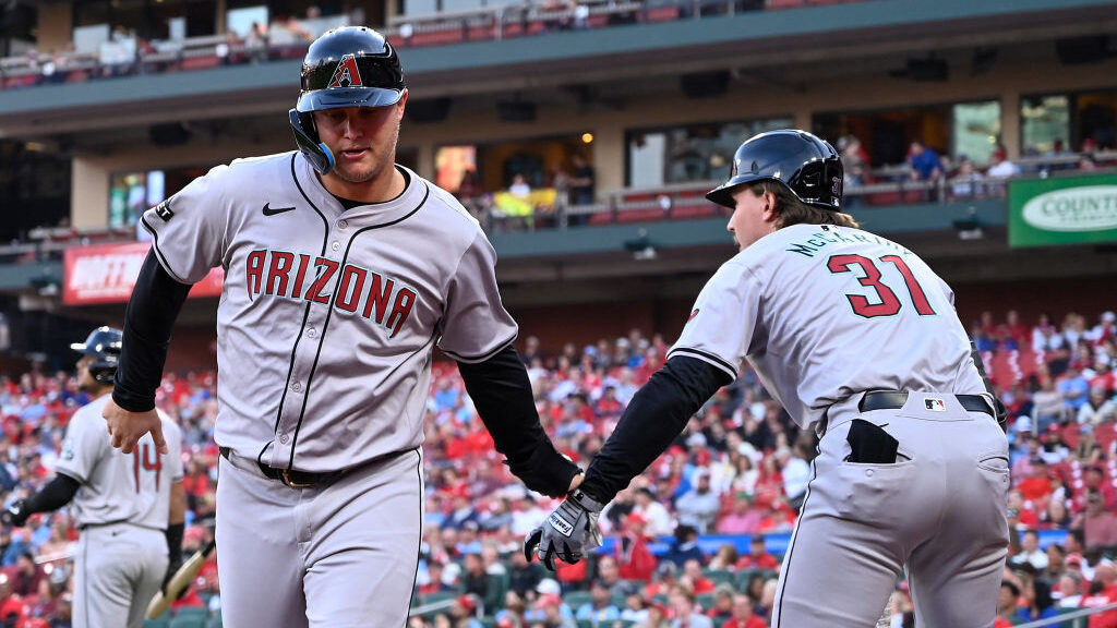 Joc Pederson and Jake McCarthy of the Arizona Diamondbacks...