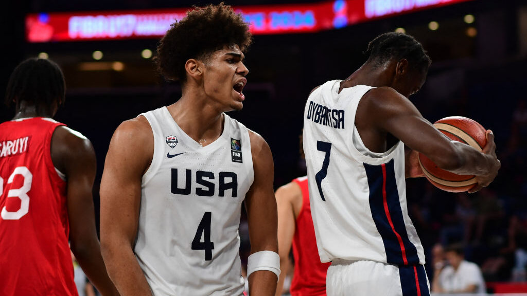 Koa Peat, #4 of the USA, in action during the FIBA U17 Basketball World Cup match between the USA a...