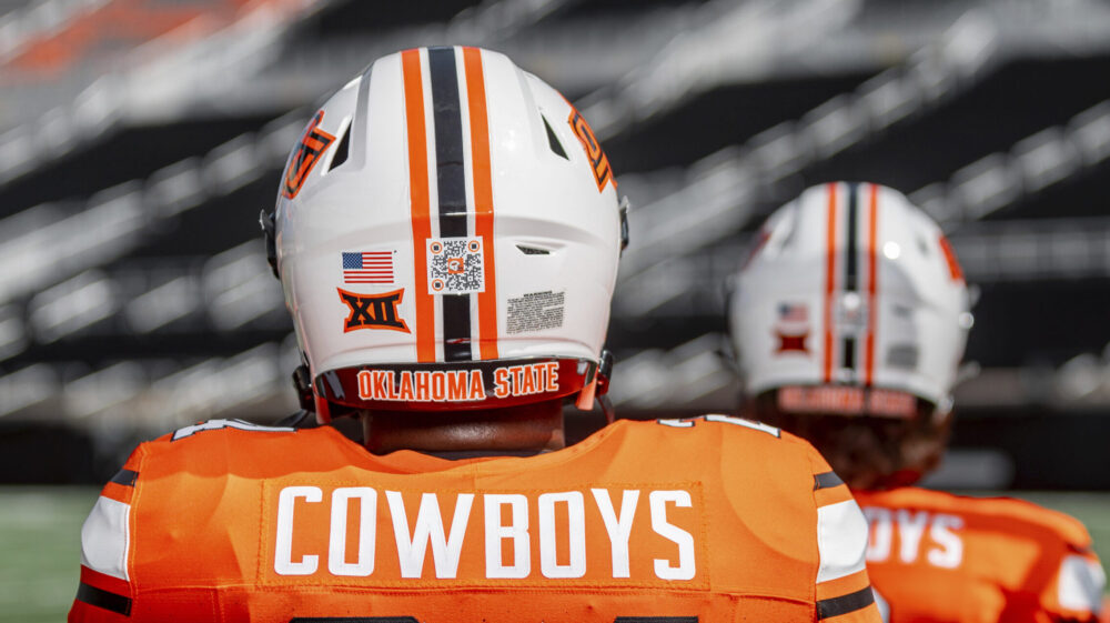 QR code on an Oklahoma State NCAA college football helmet...