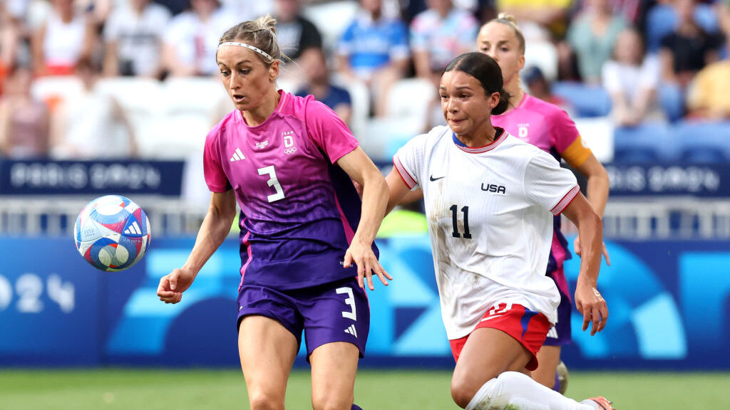 Sophia Smith chasing down a ball against Germany in the Paris Olympics women's soccer semifinals...